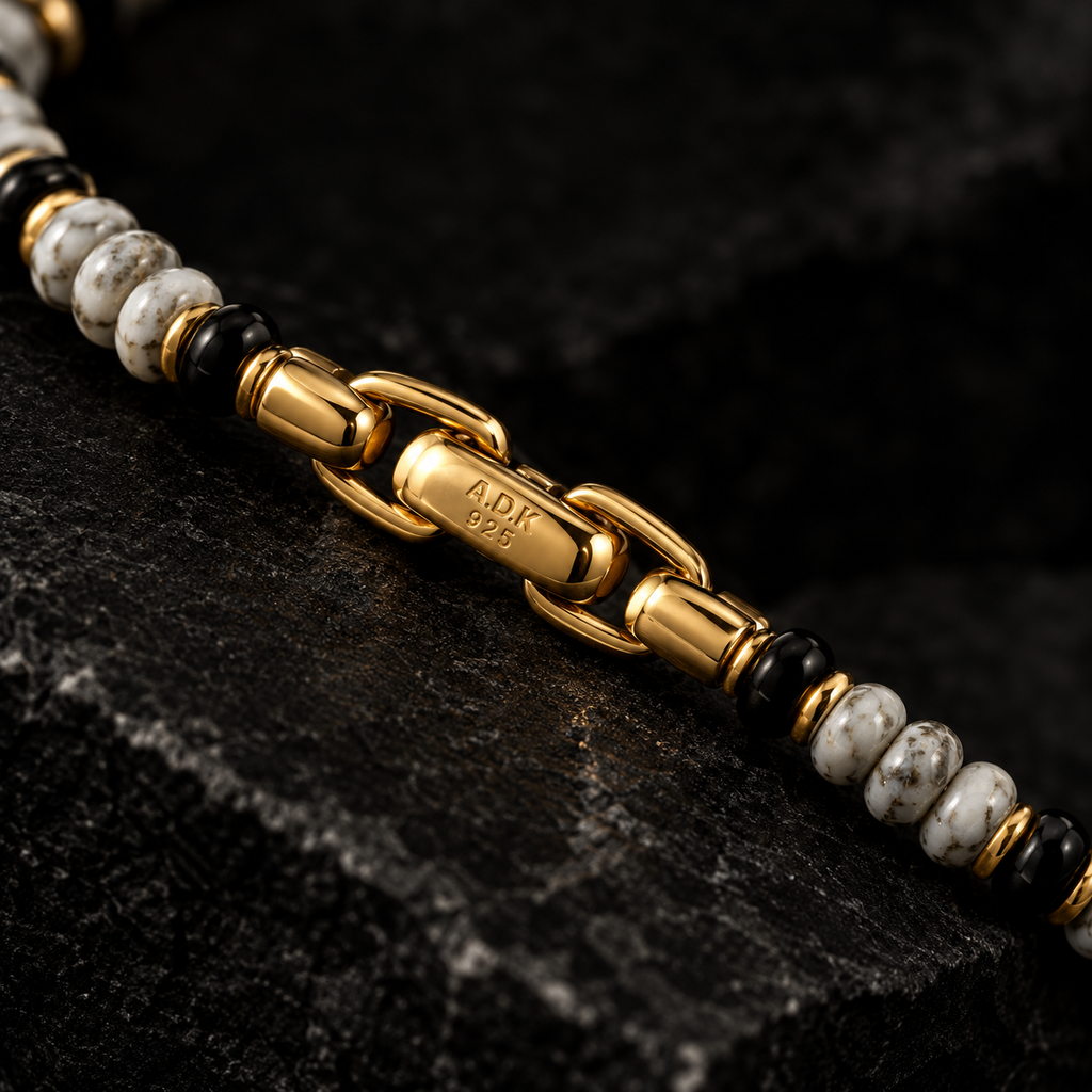Gold Howlite Black Onyx Beaded Bracelet