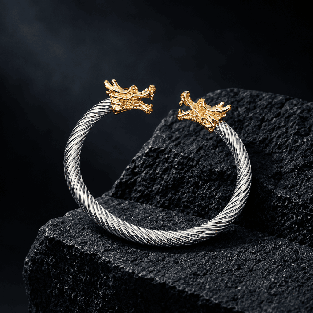 Dragon Head Golden & Silver Stainless Steel Cuff Bracelet