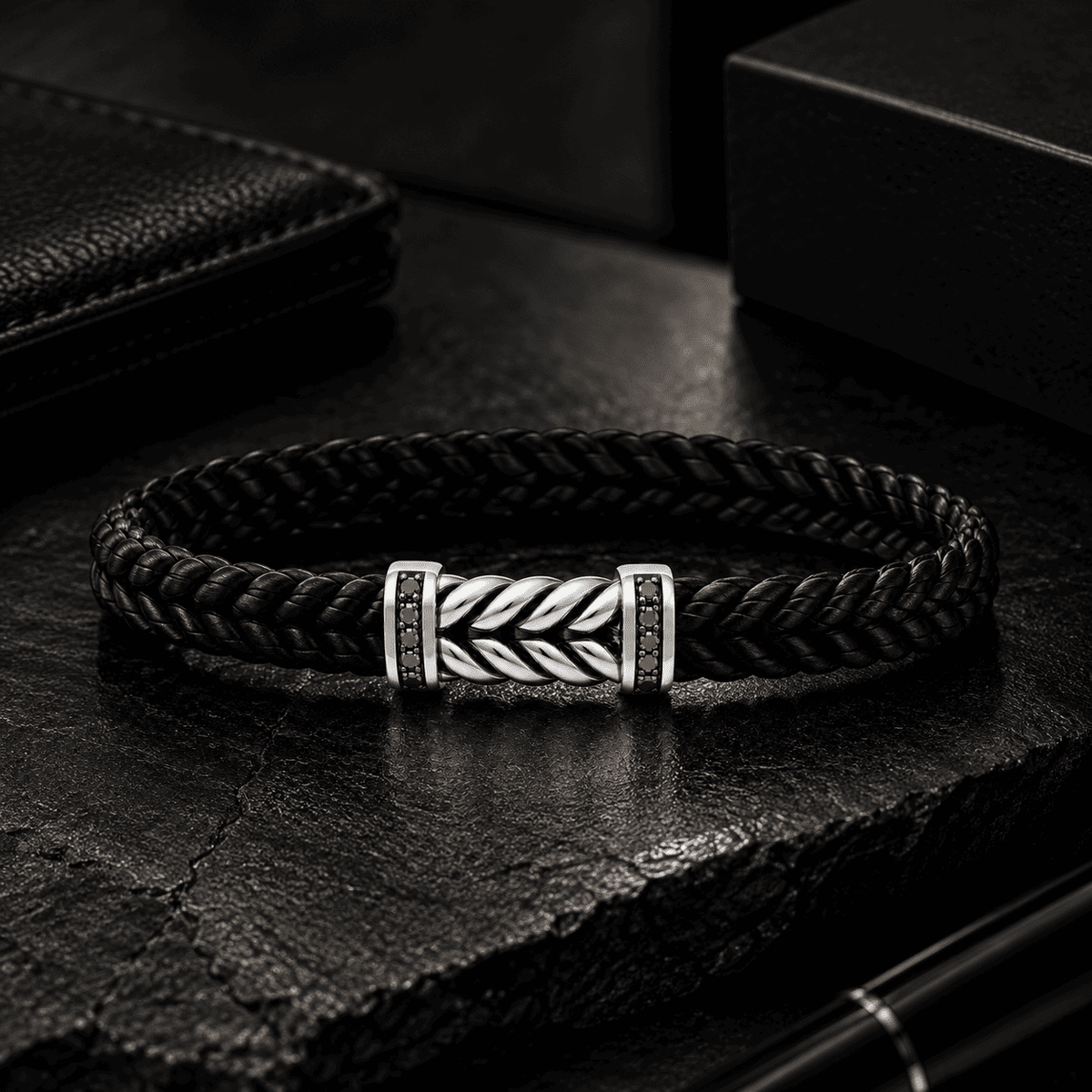 Black Braided Cord Silver Chevron Bracelet