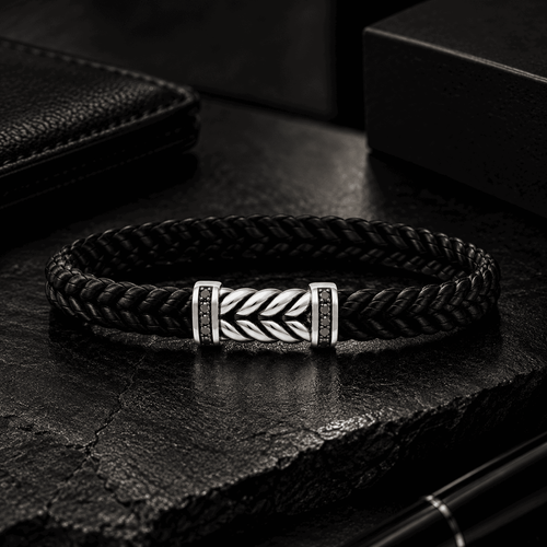 Black Braided Cord Silver Chevron Bracelet