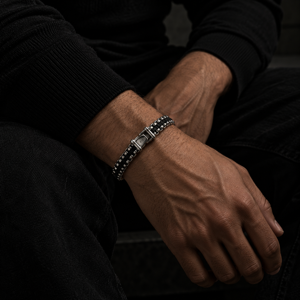 Woven Silver Box Chain Black Bracelet