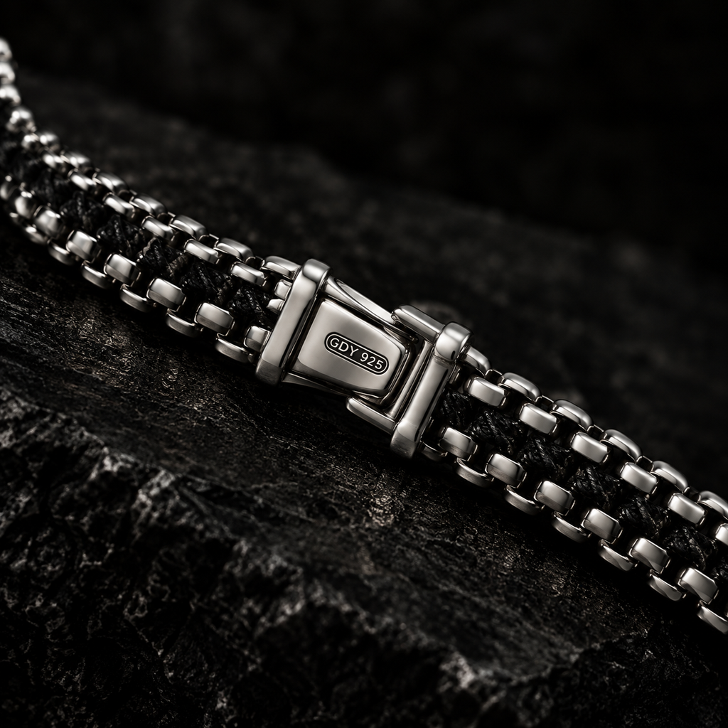 Woven Silver Box Chain Black Bracelet