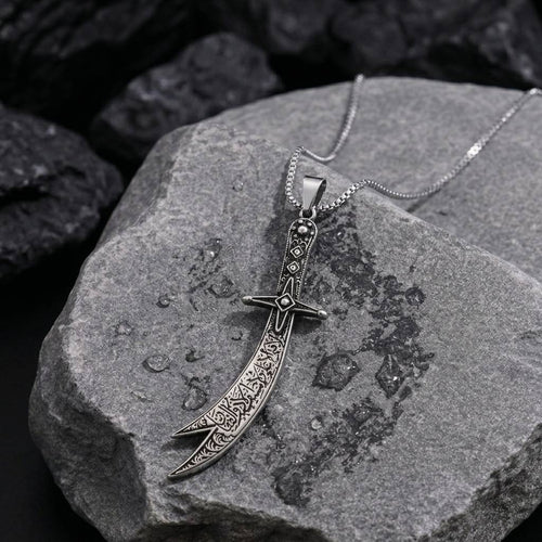 Antique Silver La-Fateh Zulfiqar Sword Engraved Pendant