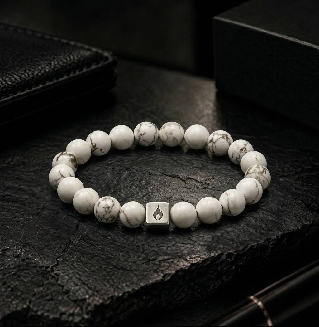 White Howlite Marble Steel Logo Beaded Bracelet