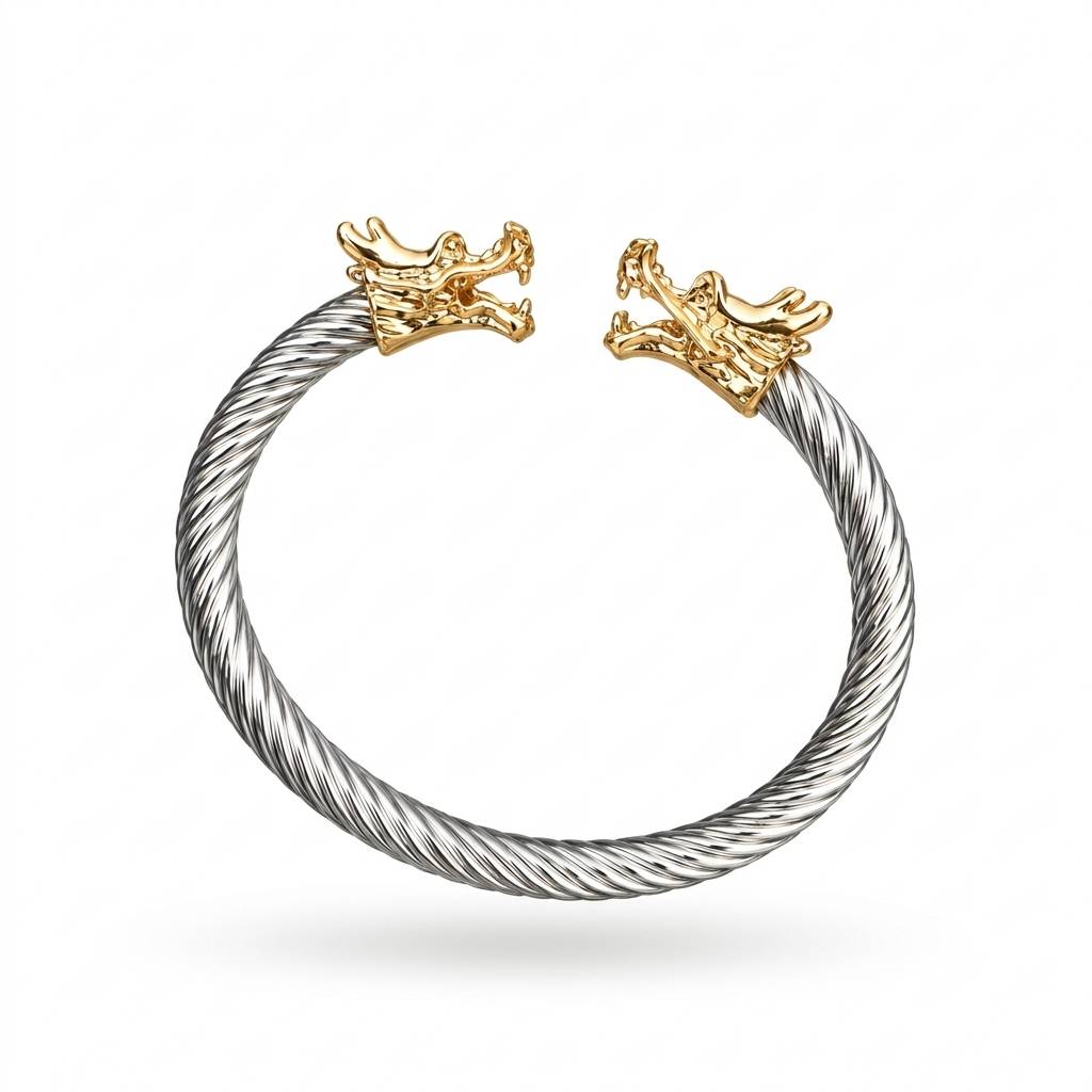 Dragon Head Golden & Silver Stainless Steel Cuff Bracelet