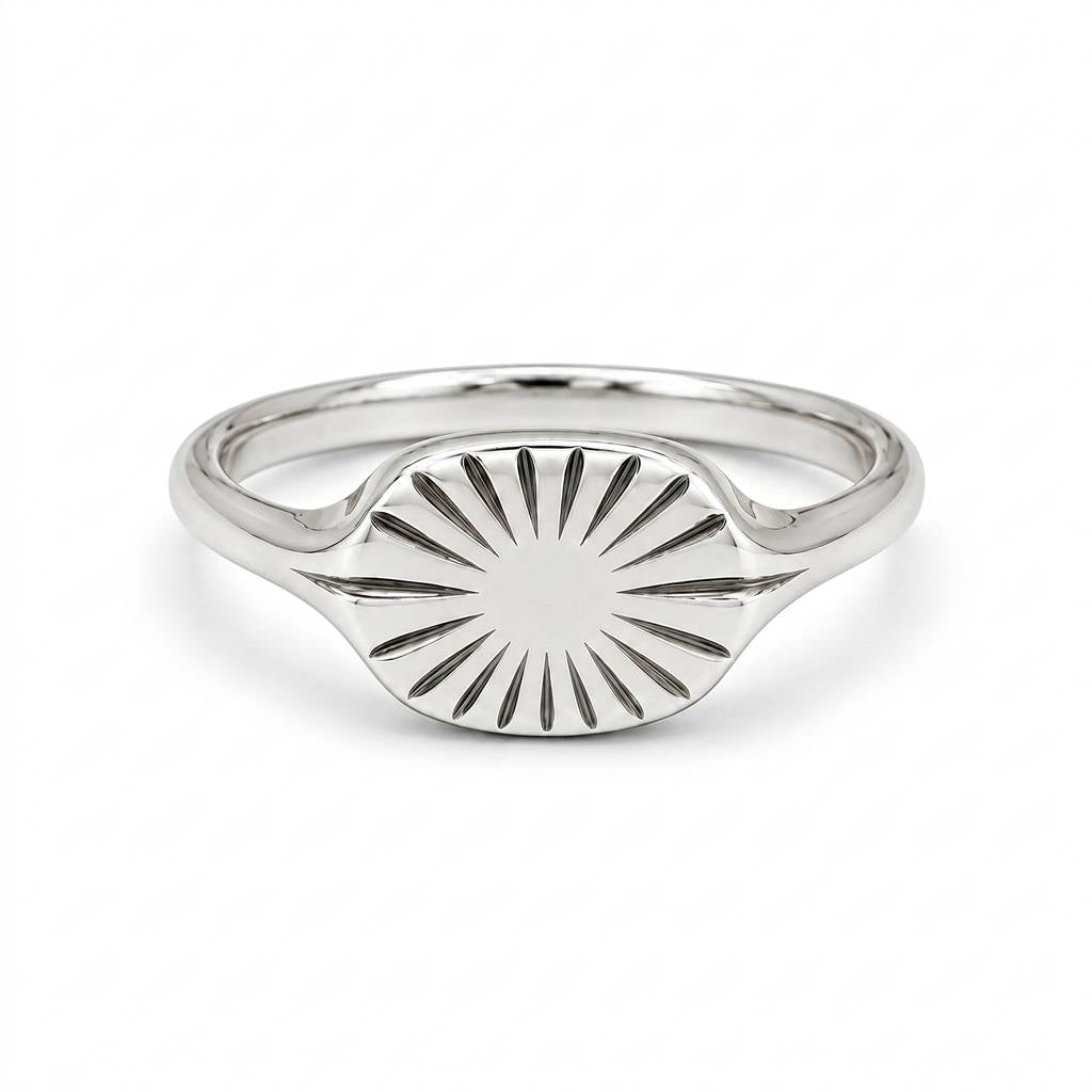 Silver Engraved Sunburst Oval Signet Ring