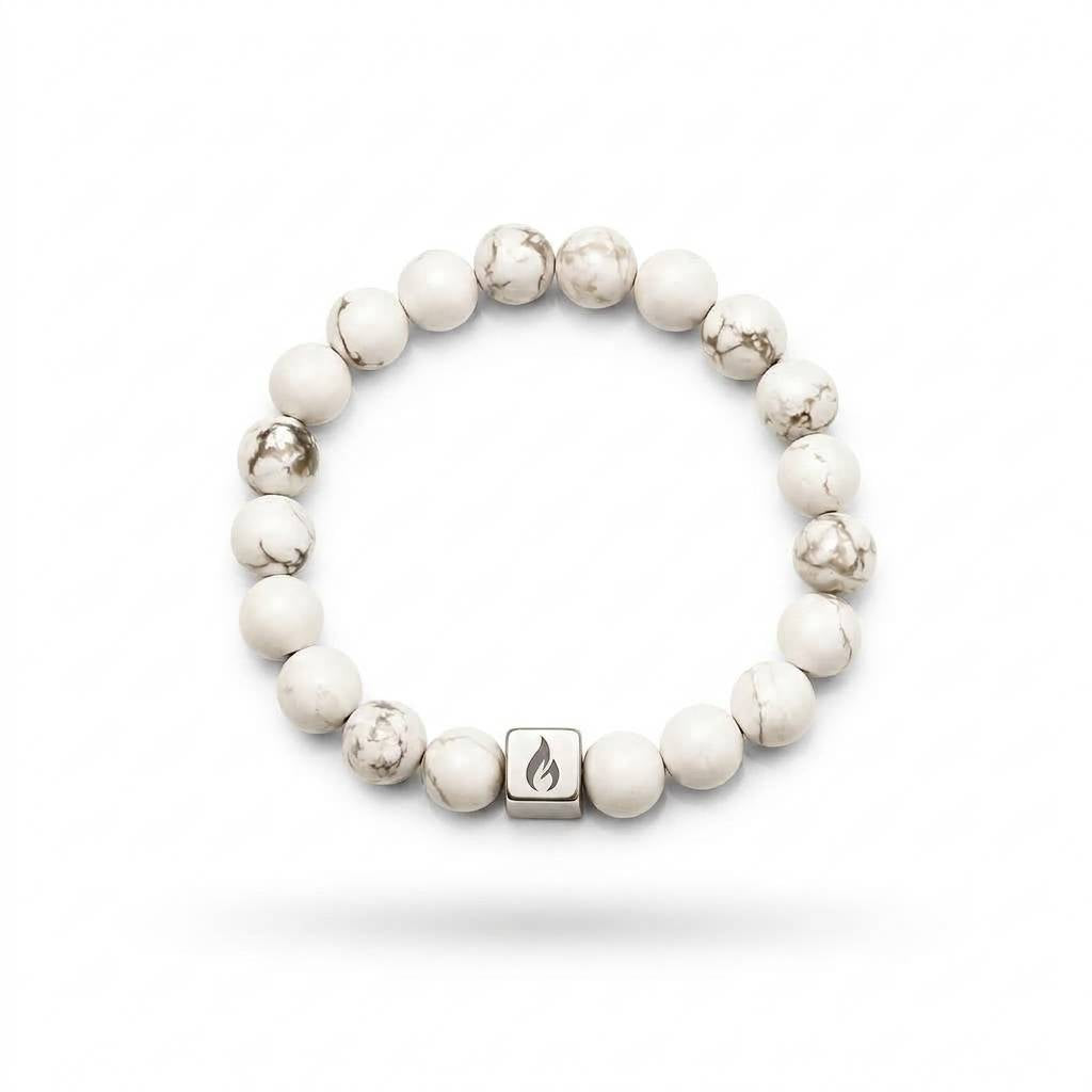 White Howlite Marble Steel Logo Beaded Bracelet