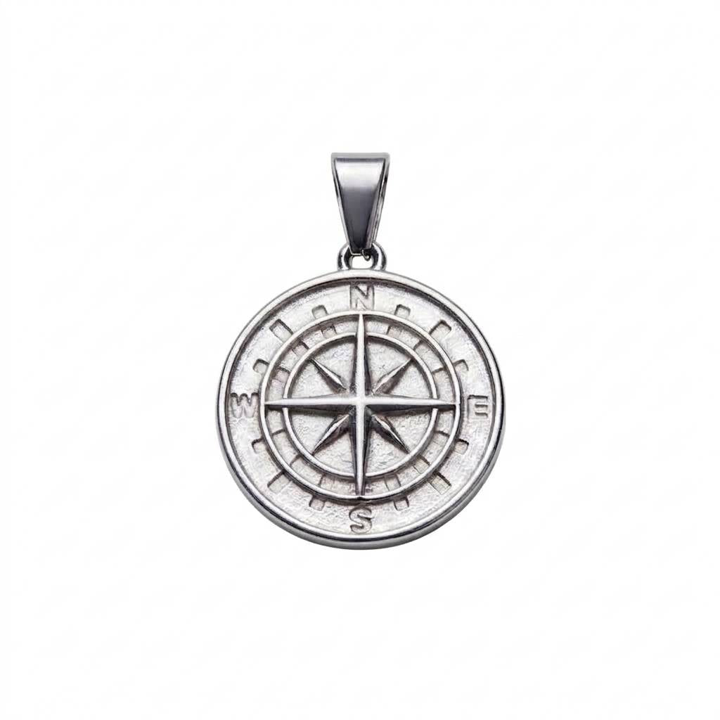 Minimalist Silver Compass Rose Medallion Pendant