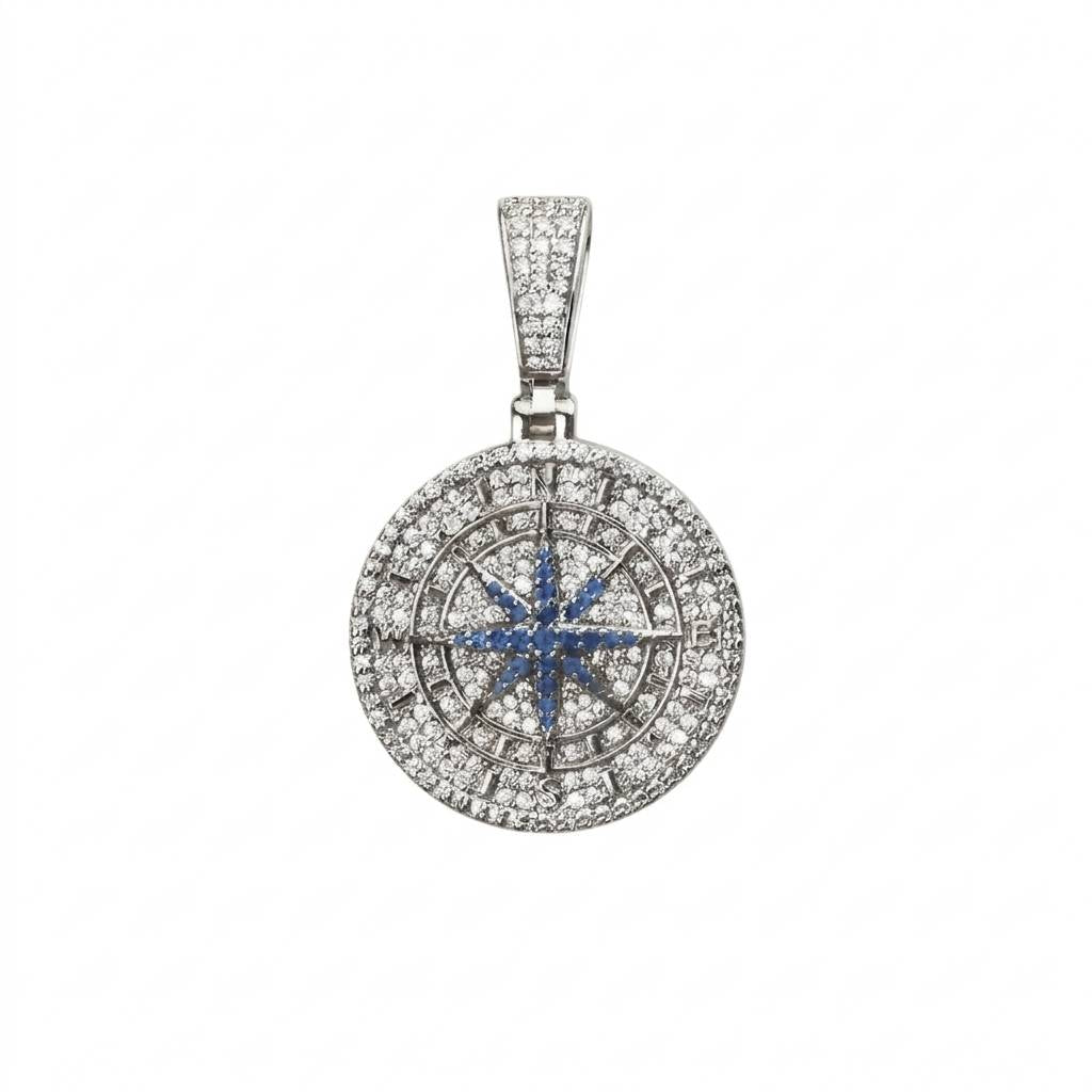 Iced Blue Star Compass Medallion Pendant Necklace