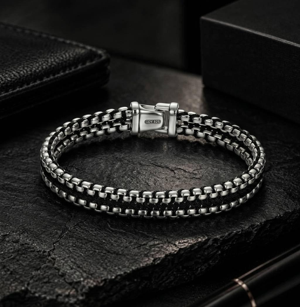 Woven Silver Box Chain Black Bracelet