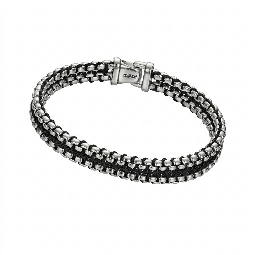 Woven Silver Box Chain Black Bracelet