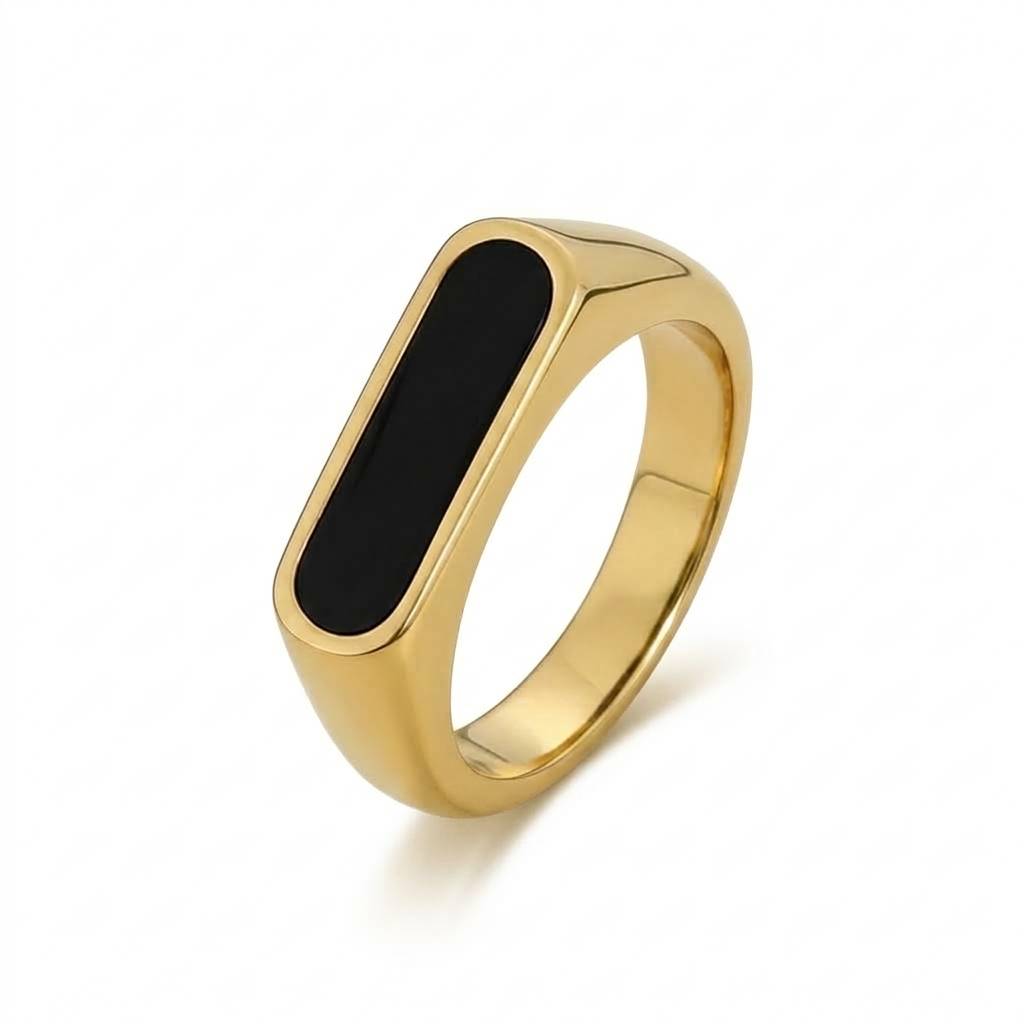 Gold Oval Black Enamel Signet Ring