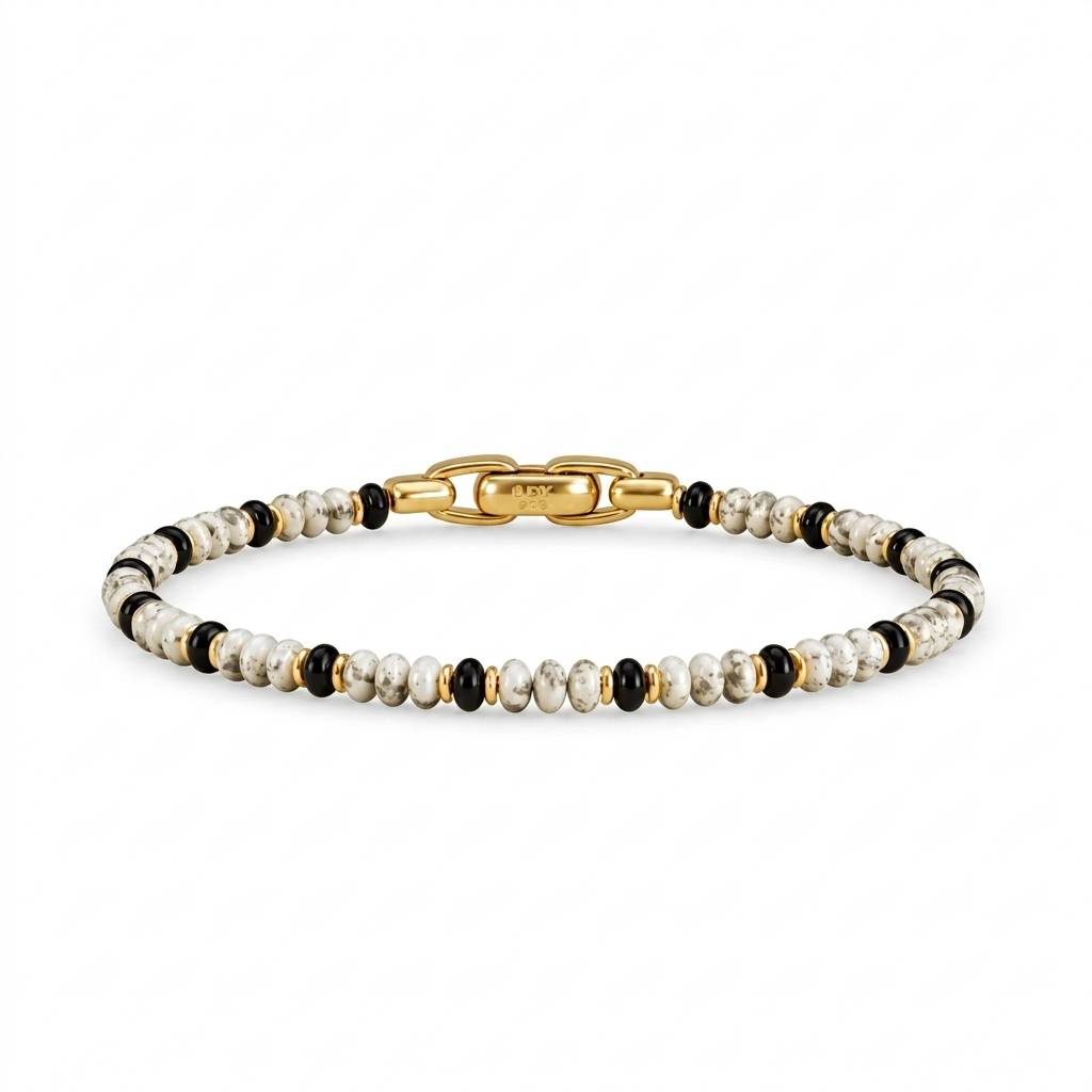 Gold Howlite Black Onyx Beaded Bracelet
