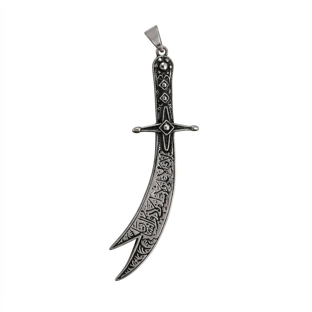 Antique Silver La-Fateh Zulfiqar Sword Engraved Pendant