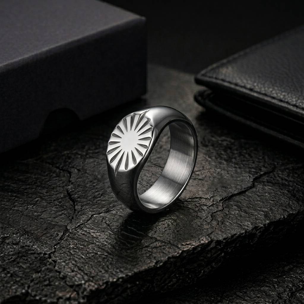 Silver Engraved Sunburst Oval Signet Ring