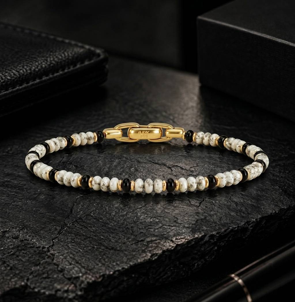 Gold Howlite Black Onyx Beaded Bracelet