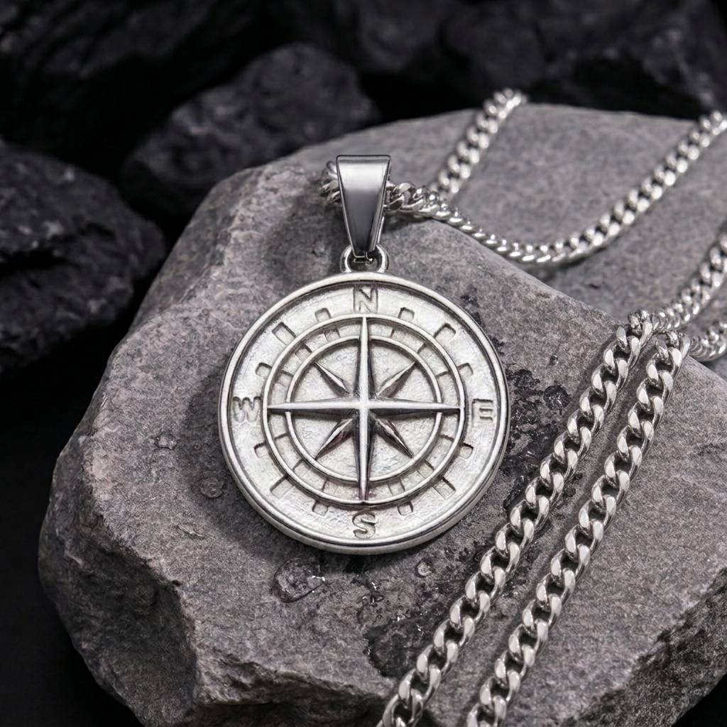 Minimalist Silver Compass Rose Medallion Pendant