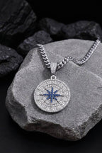 Iced Blue Star Compass Medallion Pendant Necklace
