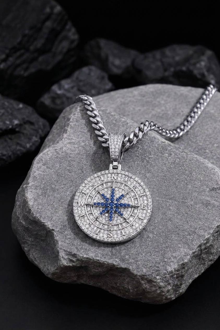 Iced Blue Star Compass Medallion Pendant Necklace