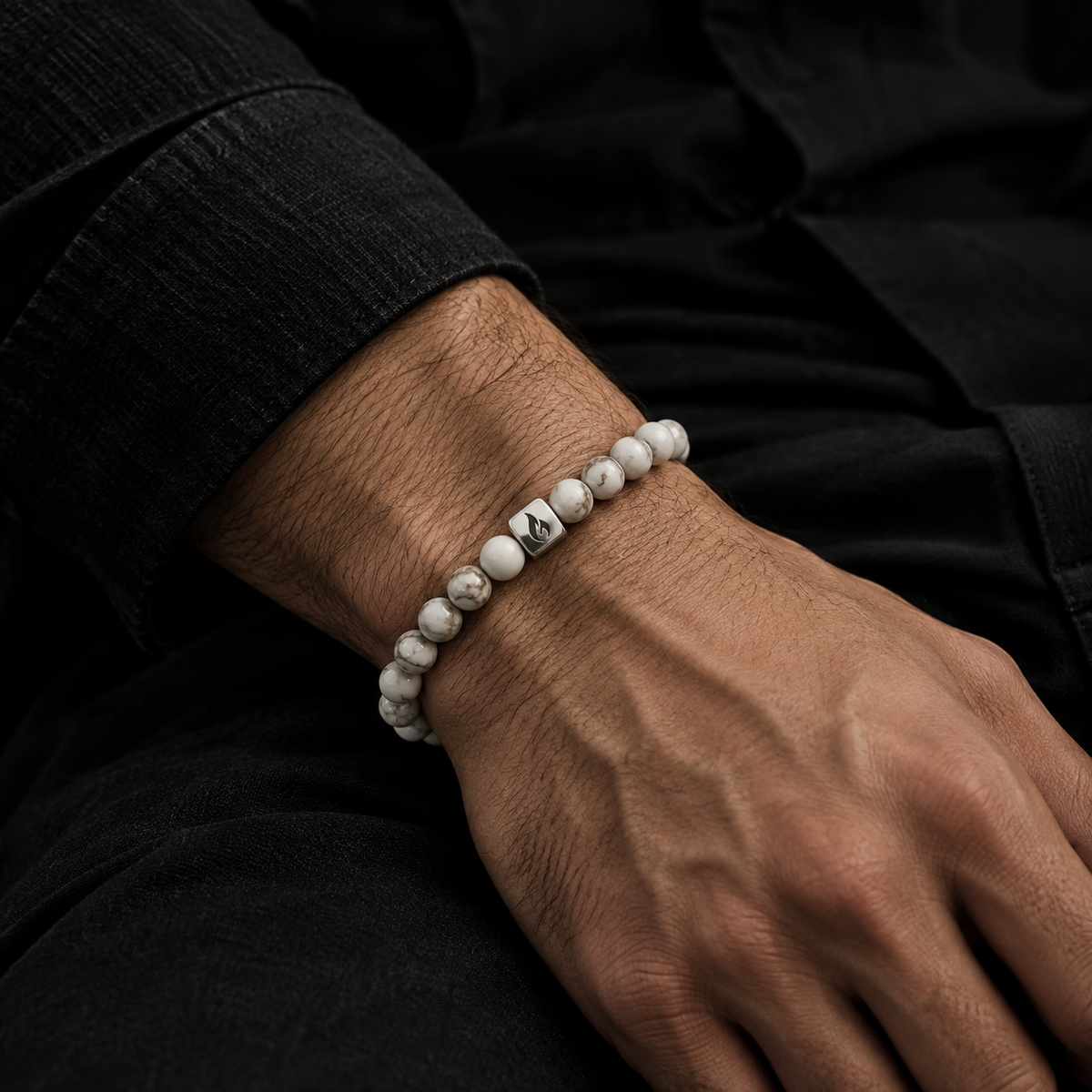 White Howlite Marble Steel Logo Beaded Bracelet