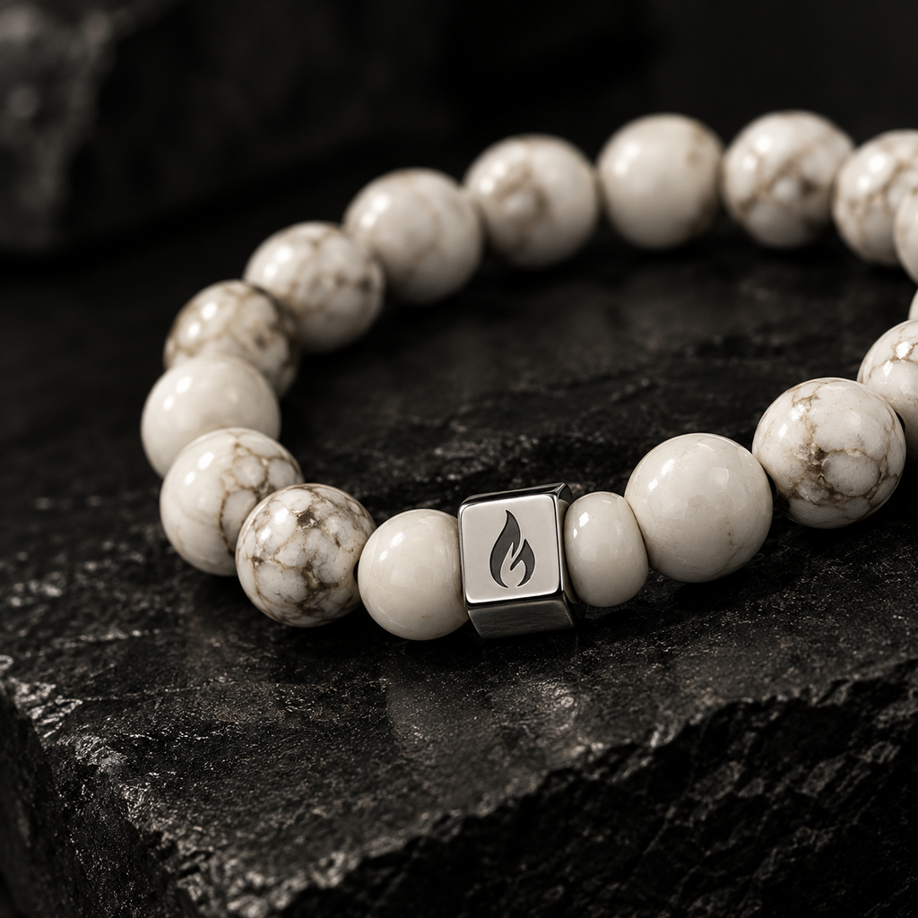 White Howlite Marble Steel Logo Beaded Bracelet